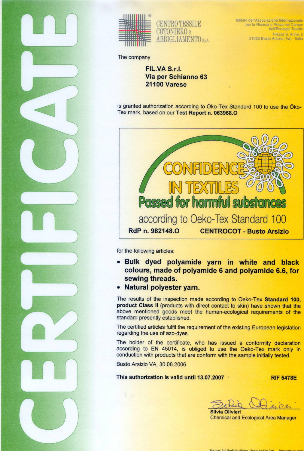 Oeko-Tex certificate of Filva Varese