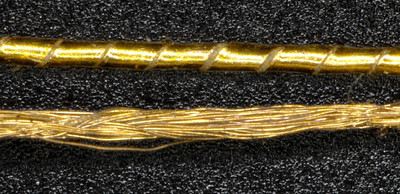 Comparison: classically Gold coated yarn (above); plasma Gold coated yarn (below)