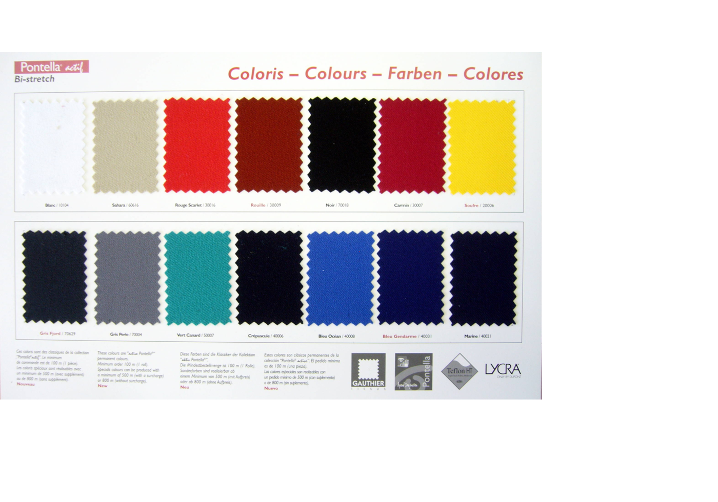 Colour range of Pontella actif fabrics