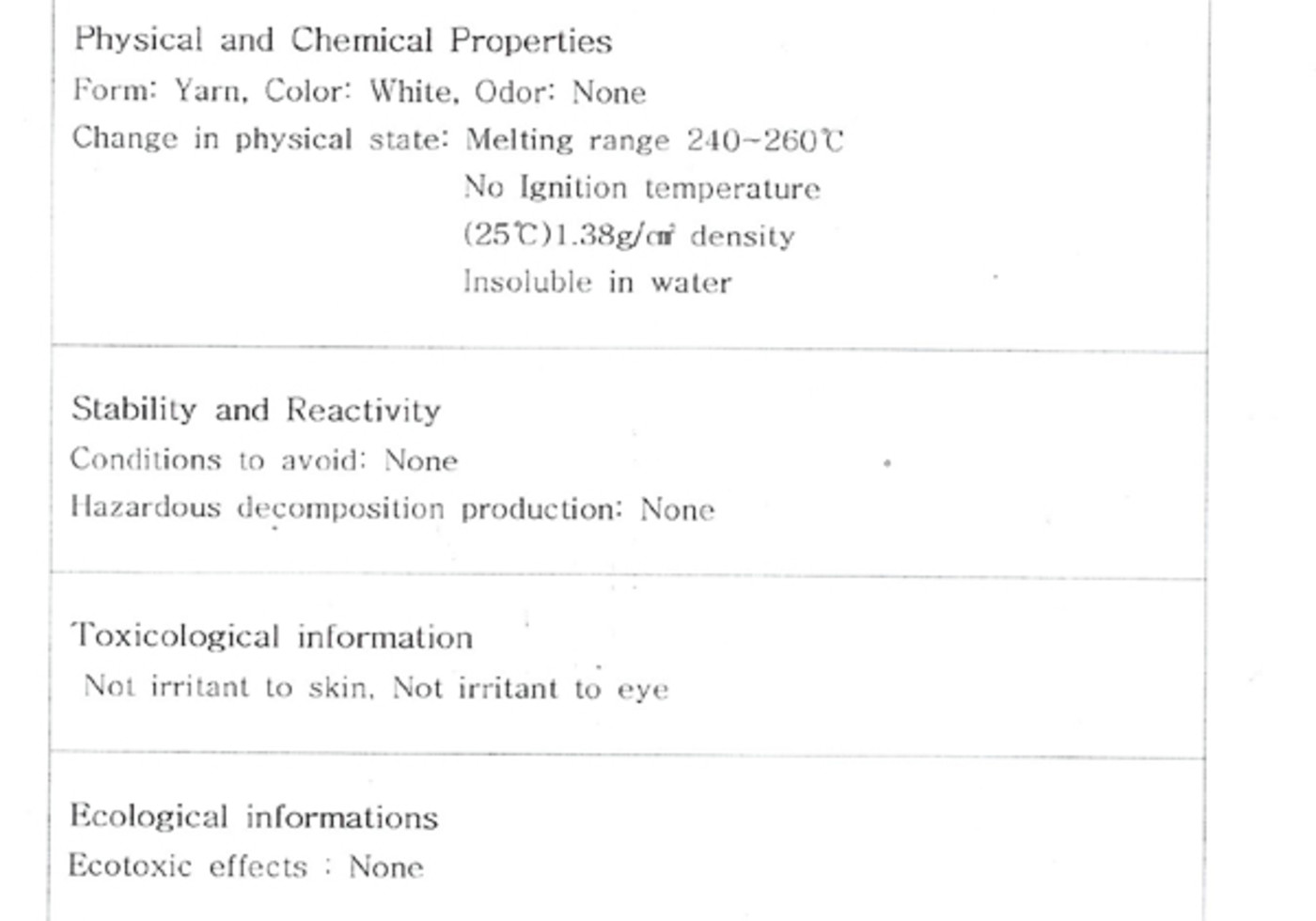 Glow Yarn Medical Safety Datasheet MSDS